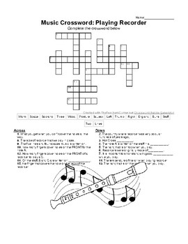 General Music Crossword: Playing Recorder (Substitute plan/ sub tub filler)