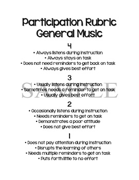 Preview of General Music Participation Rubric Poster or Handout~Printable~Upper Elementary