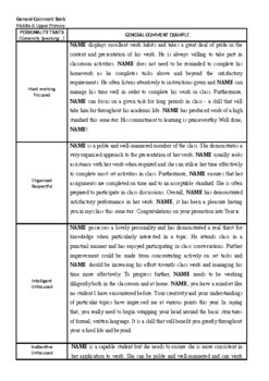 Preview of General Report Comment Bank - Sorted by Personality Type