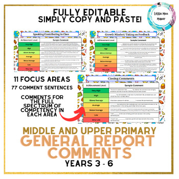 Preview of General Report Writing Comment Bank - Differentiated Upper Primary 3-6 Australia