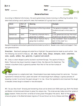 Generalizations - A Reading Strategy Worksheet (DISTANCE LEARNING)