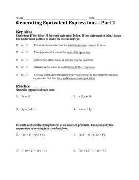 Generating Equivalent Expressions Worksheet Bundle by Taylor J's Math
