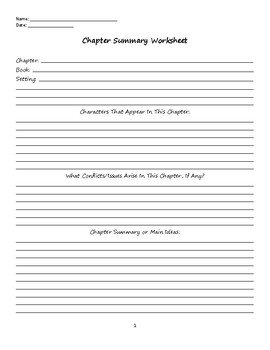 generic chapter summary worksheet for novel study by kelly lewis