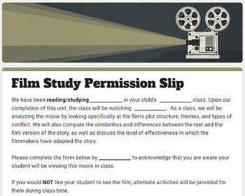 Preview of Generic Film Permission Slip - GOOGLE FORMS - Editable