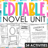 EDITABLE Generic Novel Study Unit Activities | Reading Comprehension | ANY BOOK