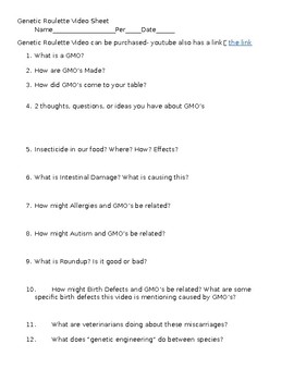 Preview of Genetic Roulette Video Sheet Questions Worksheet