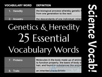 Preview of Genetics / Heredity Unit Science Vocabulary (25 words) (CCSS & NGSS)