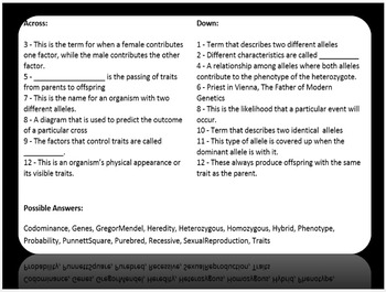 Genetics Unit Crossword Puzzle and Solution by Science from Murf LLC