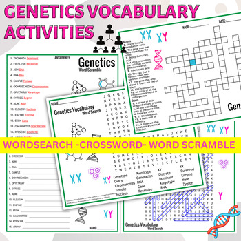 Preview of Genetics Vocabulary activities Worksheets Wordssearch Crossword Word scramble