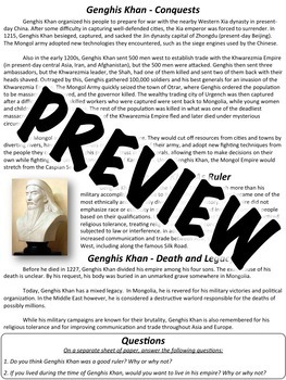 Genghis Khan Worksheet by Middle School History and Geography TpT