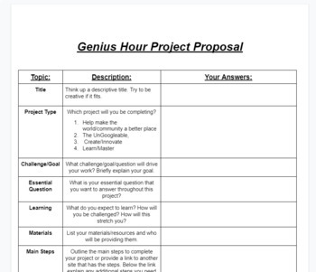 Preview of Genius Hour Project Proposal 