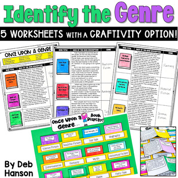 Preview of Identify Book Genres: 5 Worksheets with Practice Passages and Book Display Craft