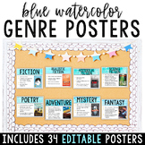 Blue Watercolor Reading Genre Posters for Bulletin Boards 