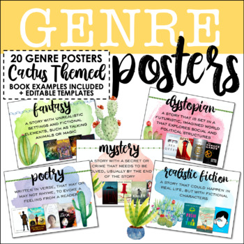 Preview of Genre Posters: Cactus Theme with 20+ Reading Genres and Book Examples