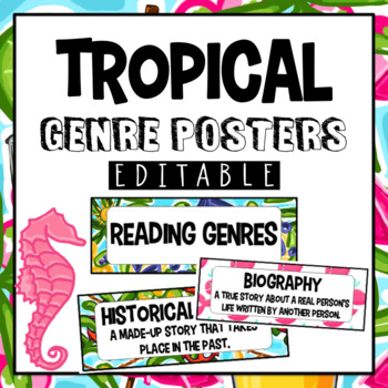 Preview of Reading Genre Posters - Editable Hawaiian Beach Class Decor