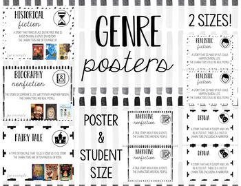Preview of Genre Posters & Theme Cards- Black & White- Editable!