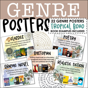 Preview of Tropical Boho Plant Themed GENRE POSTERS - 22 Genres w/Book Examples (EDITABLE)