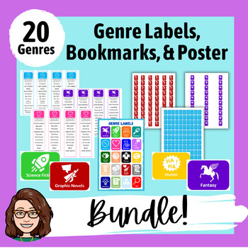 Preview of Genre Spine Labels, Bin Labels, Bookmarks, and Poster BUNDLE - 20 Genres