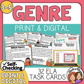 Preview of Reading Genre Task Cards - Print &  Google Apps & Self-Checking Easel - ELA