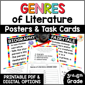 Preview of Genres of Literature: Literary Genres Anchor Charts & Task Cards 3rd, 4th, 5th