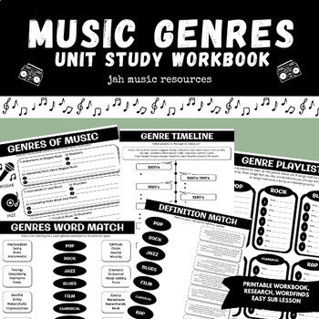 Preview of Music Genres Workbook | Easy No prep/Sub Lesson Printable Worksheet Handout