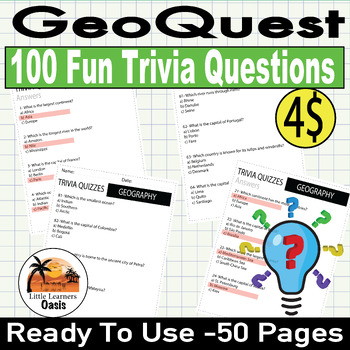 Preview of GeoQuest: Explore the World with 100 Fun Trivia Questions Not Grade Specific