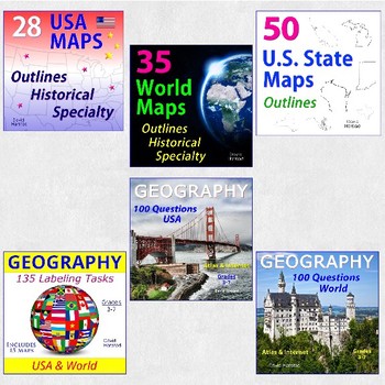 Geography Bundle | Map Skills, Labeling, Questions for Atlas & Internet (K-12)
