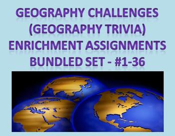 Preview of Geography Challenges (Geography Trivia) Enrichment Assignments – Bundled #1-36
