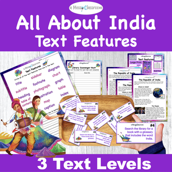 Preview of Geography: India Nonfiction Text Features RI.2.5 w/ Task Card Scavenger Hunt