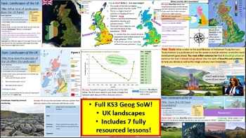Preview of Geography KS3: UK Landscapes & Processes SoW 7 lessons. Forests, mountains...