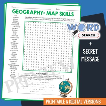 Preview of Geography Map Skills Word Search Puzzle Longitude Latitude Vocabulary Activity