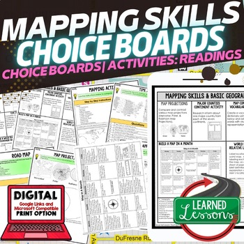 Preview of Geography Mapping Skills Activities, Geography Choice Board, Reading Passages