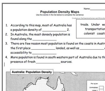 Preview of Geography Population Density Map - Map Skills worksheet #29