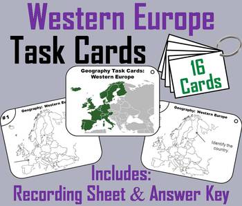 Preview of Western Europe Geography Task Cards Activity (Map Skills Unit)