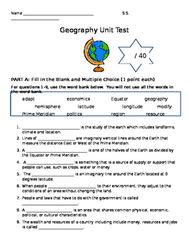 geography tests grade 6 level