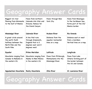 Preview of Geography USA Answer Cards