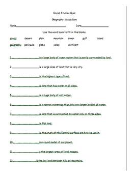 Geography Vocabulary Study Guide and Quiz- Third Grade by Jane Williams