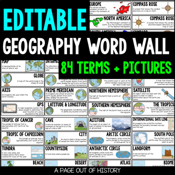 Preview of Geography Word Wall Editable Color and Black and White