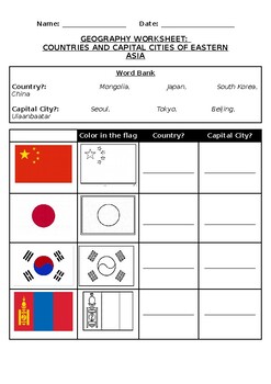 Preview of Geography Worksheet: Flags and countries of Eastern Asia
