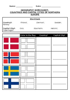 Preview of Geography Worksheet: Flags and countries of Northern Europe