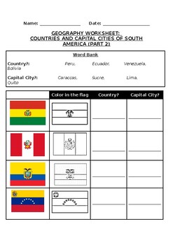 Preview of Geography Worksheet: Flags and countries of South America (Part 2)