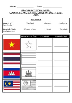 Preview of Geography Worksheet: Flags and countries of South East Asia