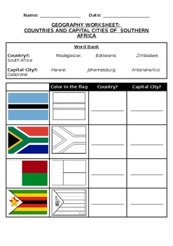 Preview of Geography Worksheet: Flags and countries of Southern Africa