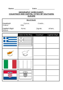 Preview of Geography Worksheet: Flags and countries of Southern Europe