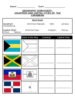 Preview of Geography Worksheet: Flags and countries of The Caribbean