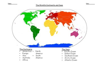 Geography Worksheet Name And Locate The World S 7 Continents And 5 Oceans