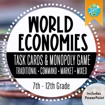 Preview of Geography: Types of World Economies - Systems Task Card, Monopoly Game, & PP