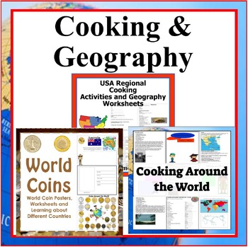 Preview of Geography and Cooking Bundle Set- World Cooking, World Coins, USA Regions