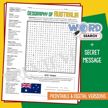 Preview of Geography of AUSTRALIA Word Search Puzzle Activity Facts Worksheet