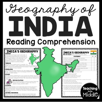 Preview of Geography of India Reading Comprehension Worksheet Asia Country Study